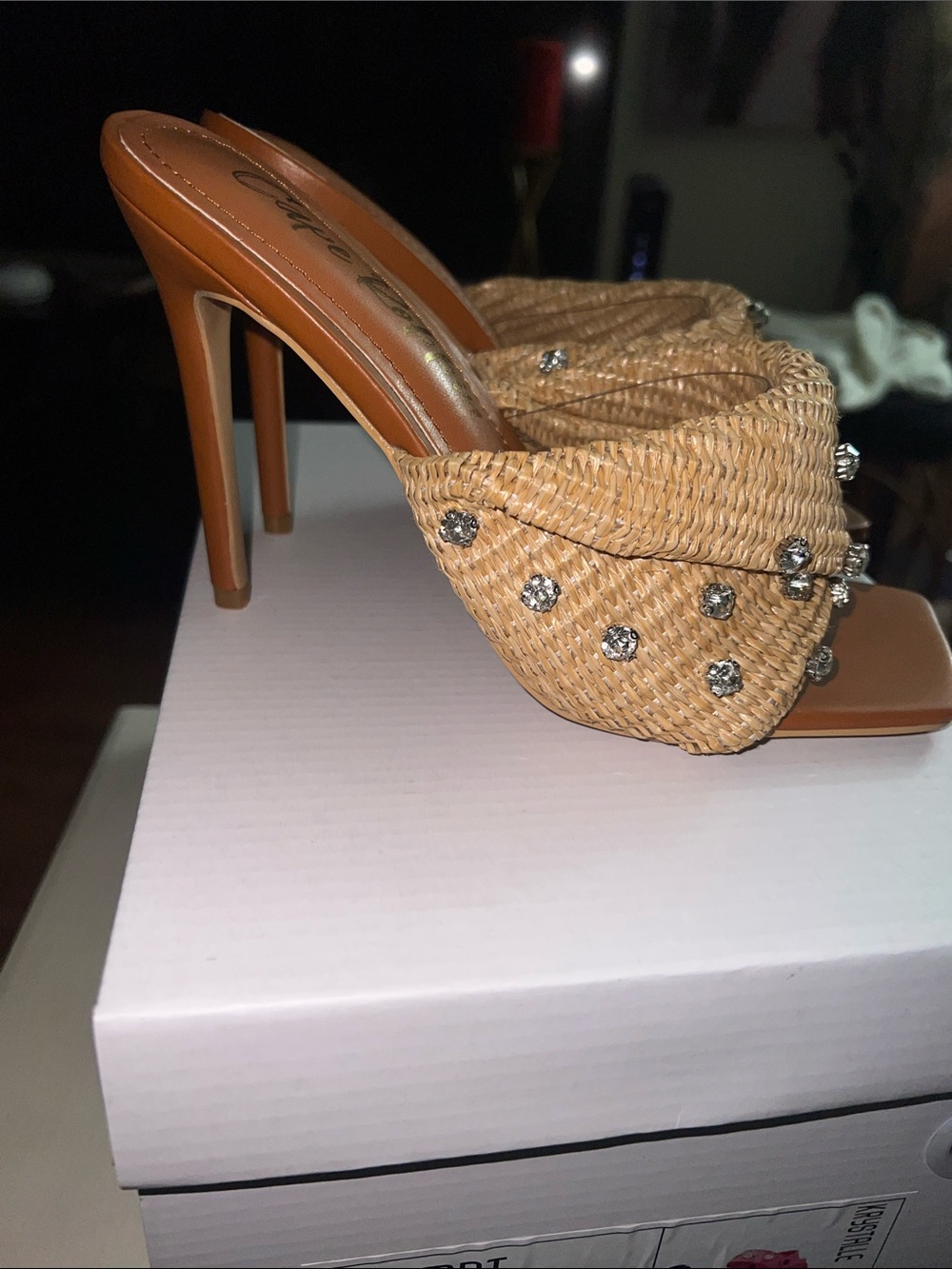 Cape Robbin Tan Woven Rhinestone Slip-On Heels - Picture 4 of 6